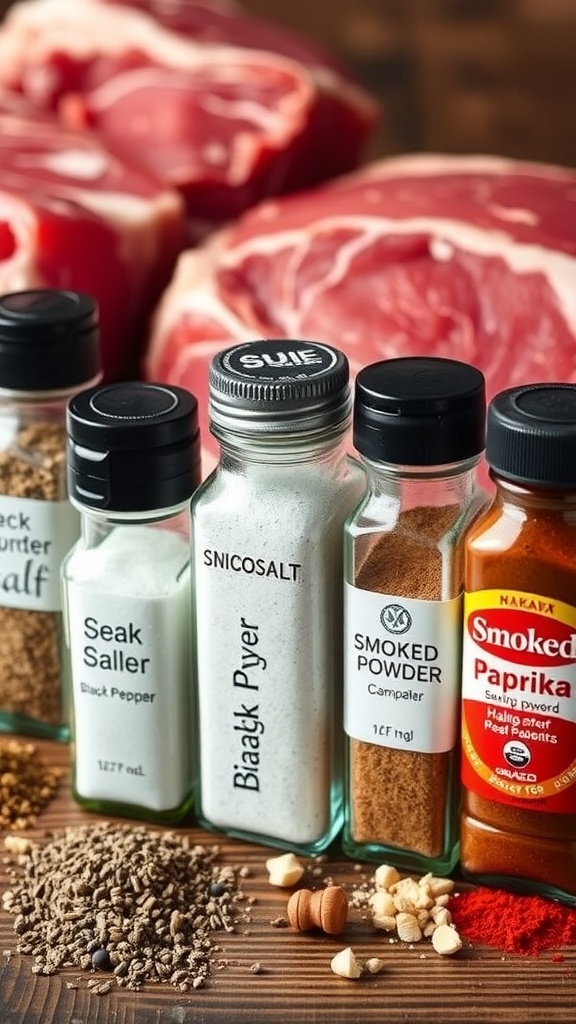 Jars of seasonings like sea salt, black pepper, and garlic powder on a wooden table with raw meat in the background.